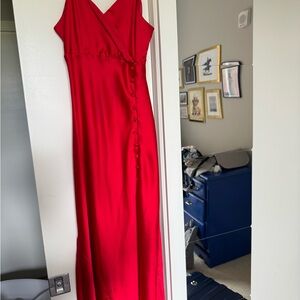 Zara Red Satin Maxi Dress with Slit and Button Detail